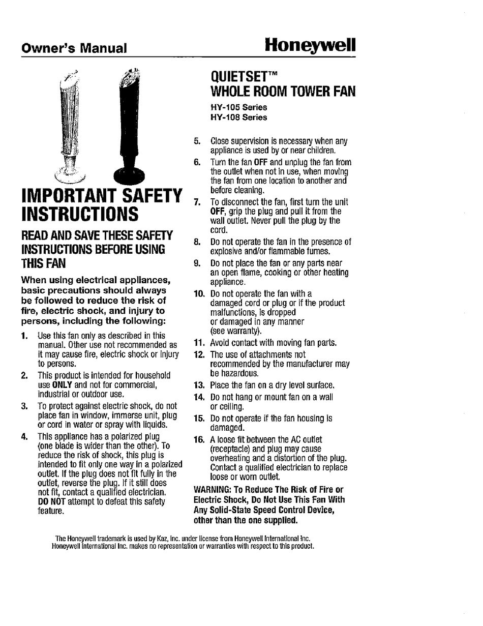 Honeywell Quietset Hy 105 Series Owner S Manual Pdf Download Manualslib