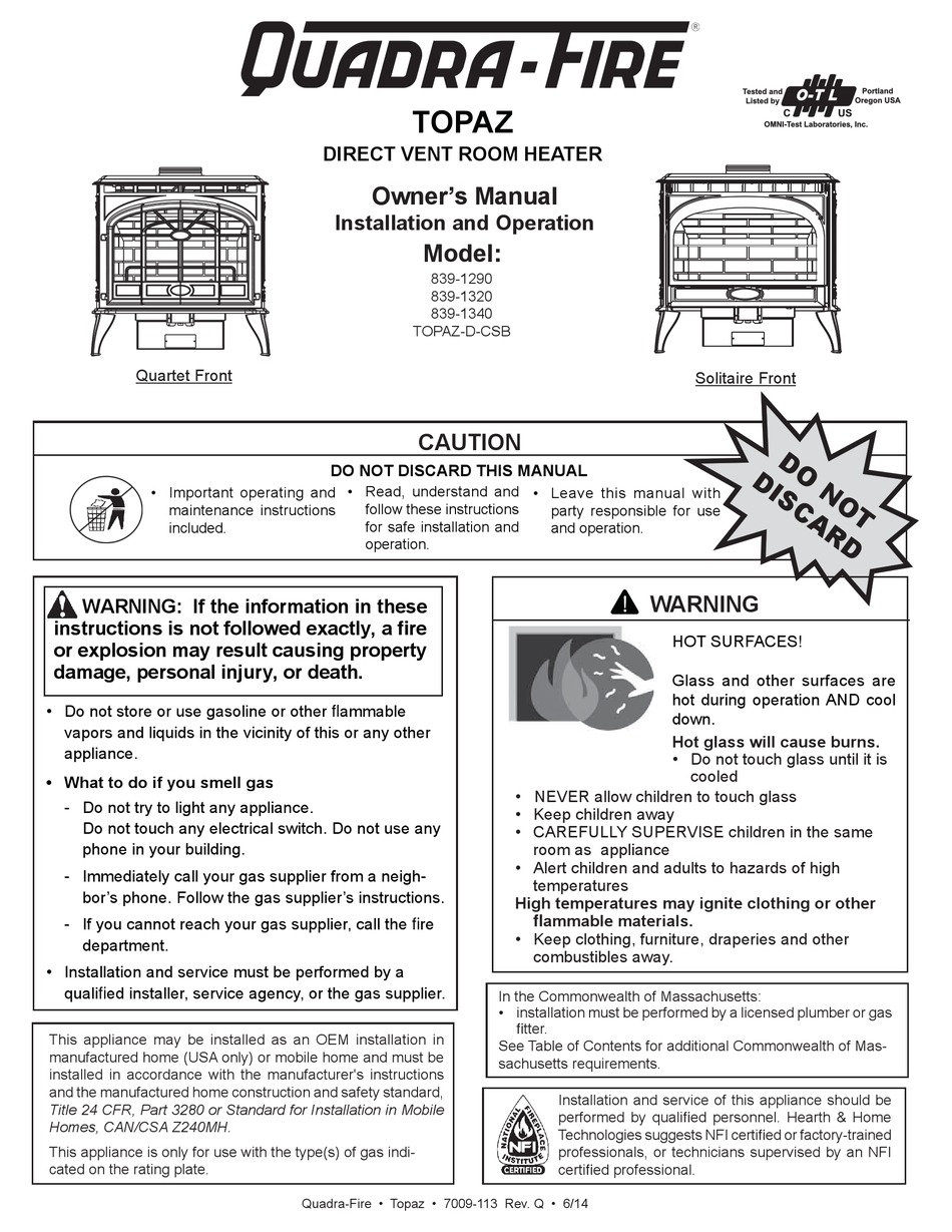 QUADRA-FIRE TOPAZ 839-1290 INSTALLATION AND OPERATION MAINTENANCE OWNER'S  MANUAL Pdf Download | ManualsLib