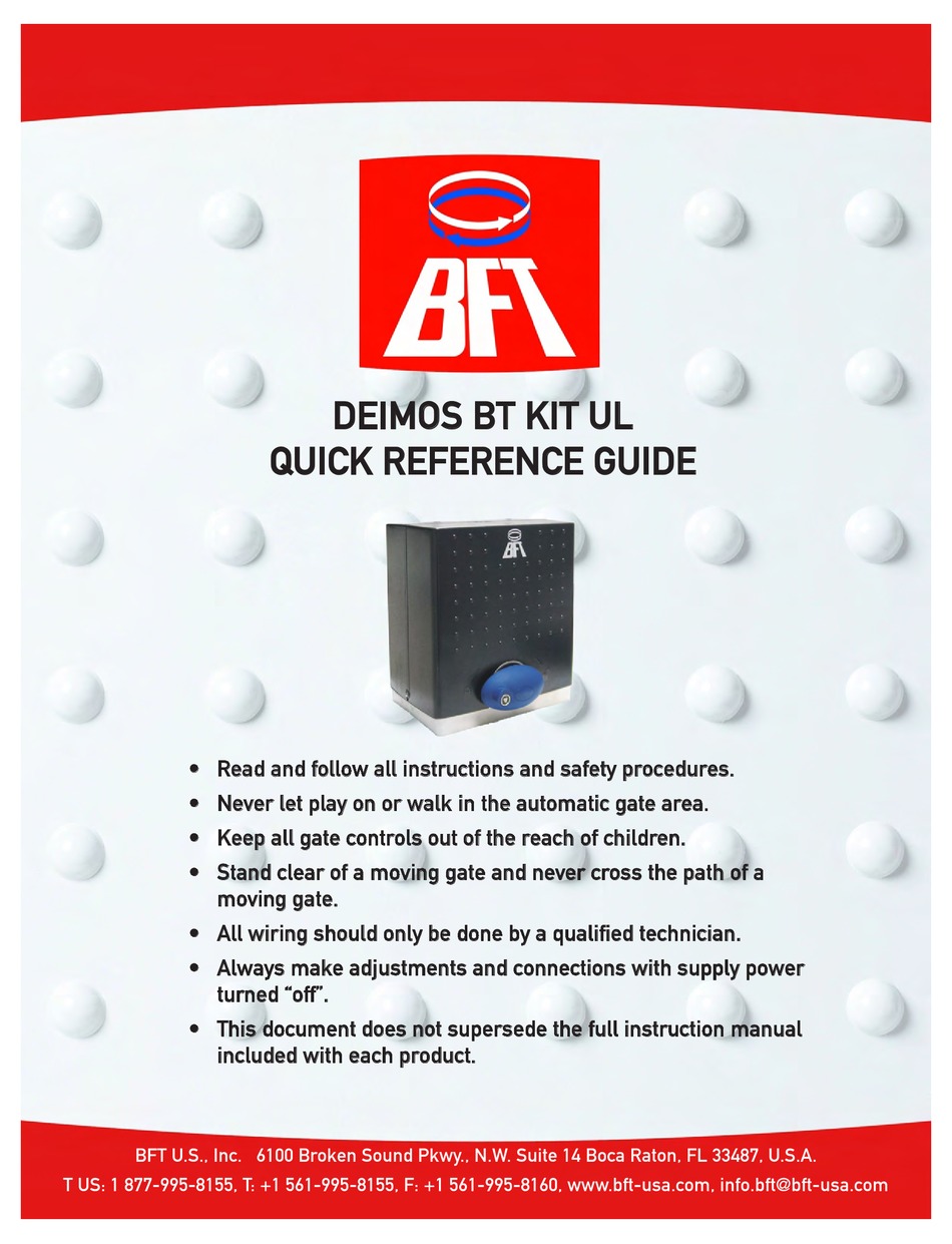 Bft Deimos Bt Kit Ul Quick Reference Manual Pdf Download Manualslib