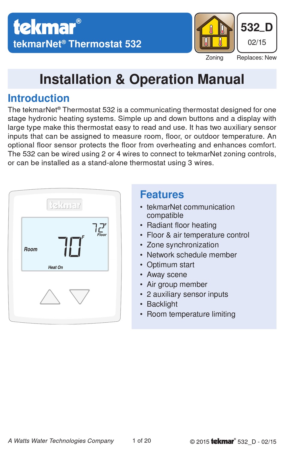 TEKMAR TEKMARNET THERMOSTAT 532 INSTALLATION & OPERATION MANUAL Pdf