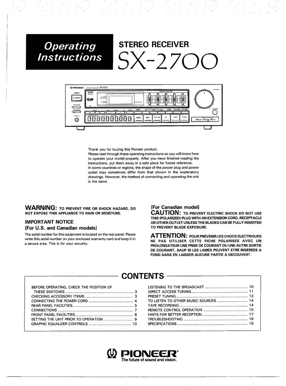 PIONEER SX2700 OPERATING INSTRUCTIONS MANUAL Pdf Download ManualsLib