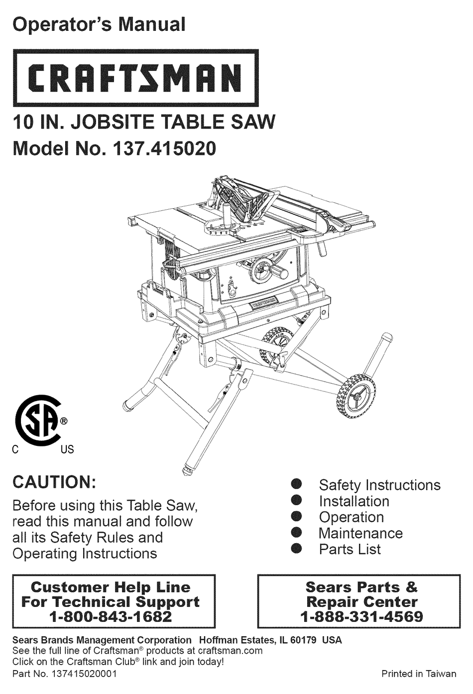CRAFTSMAN 137.415020 OPERATOR'S MANUAL Pdf Download ManualsLib
