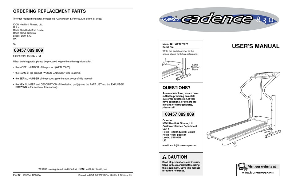 WESLO CADENCE 830 USER MANUAL Pdf Download ManualsLib