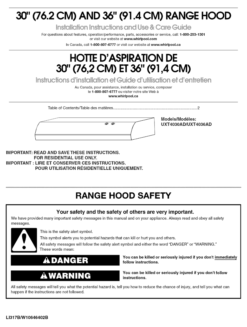 WHIRLPOOL UXT4036ADB0 INSTALLATION INSTRUCTIONS AND USE & CARE MANUAL