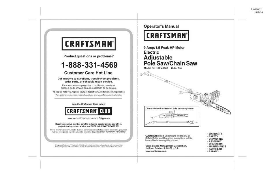 CRAFTSMAN 172.43983 OPERATOR'S MANUAL 