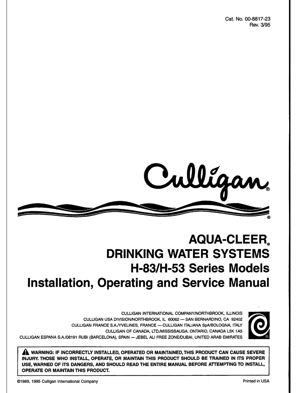 CULLIGAN AQUA-CLEER H-83 SERIES INSTALLATION, OPERATING AND SERVICE
