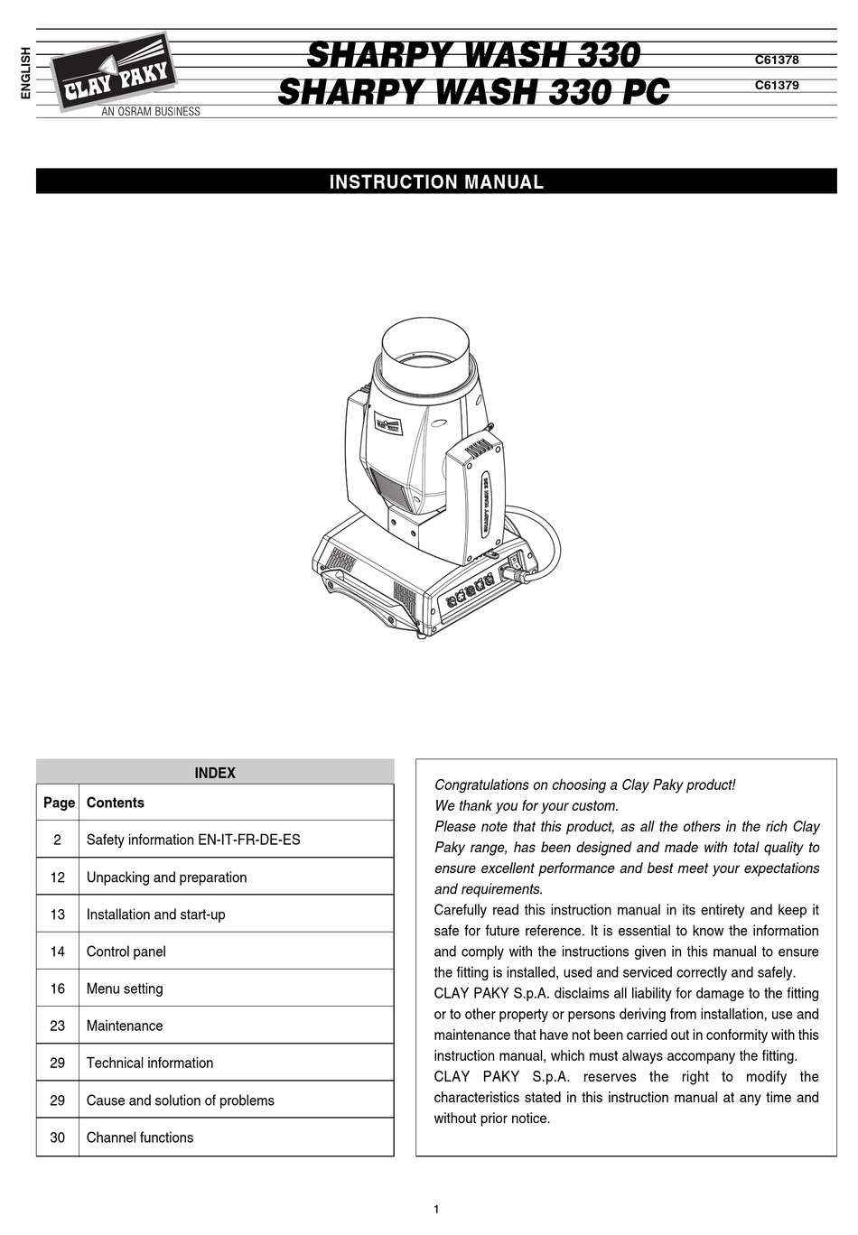 CLAY PAKY SHARPY WASH 330 INSTRUCTION MANUAL Pdf Download ManualsLib