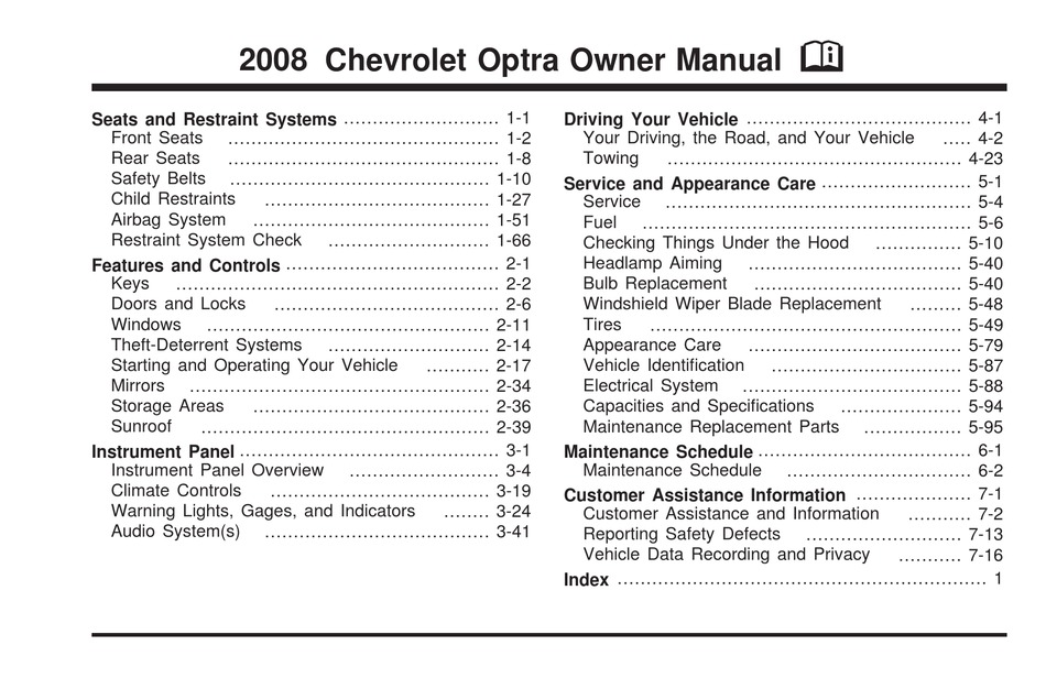 CHEVROLET 2008 OPTRA OWNER'S MANUAL Pdf Download | ManualsLib