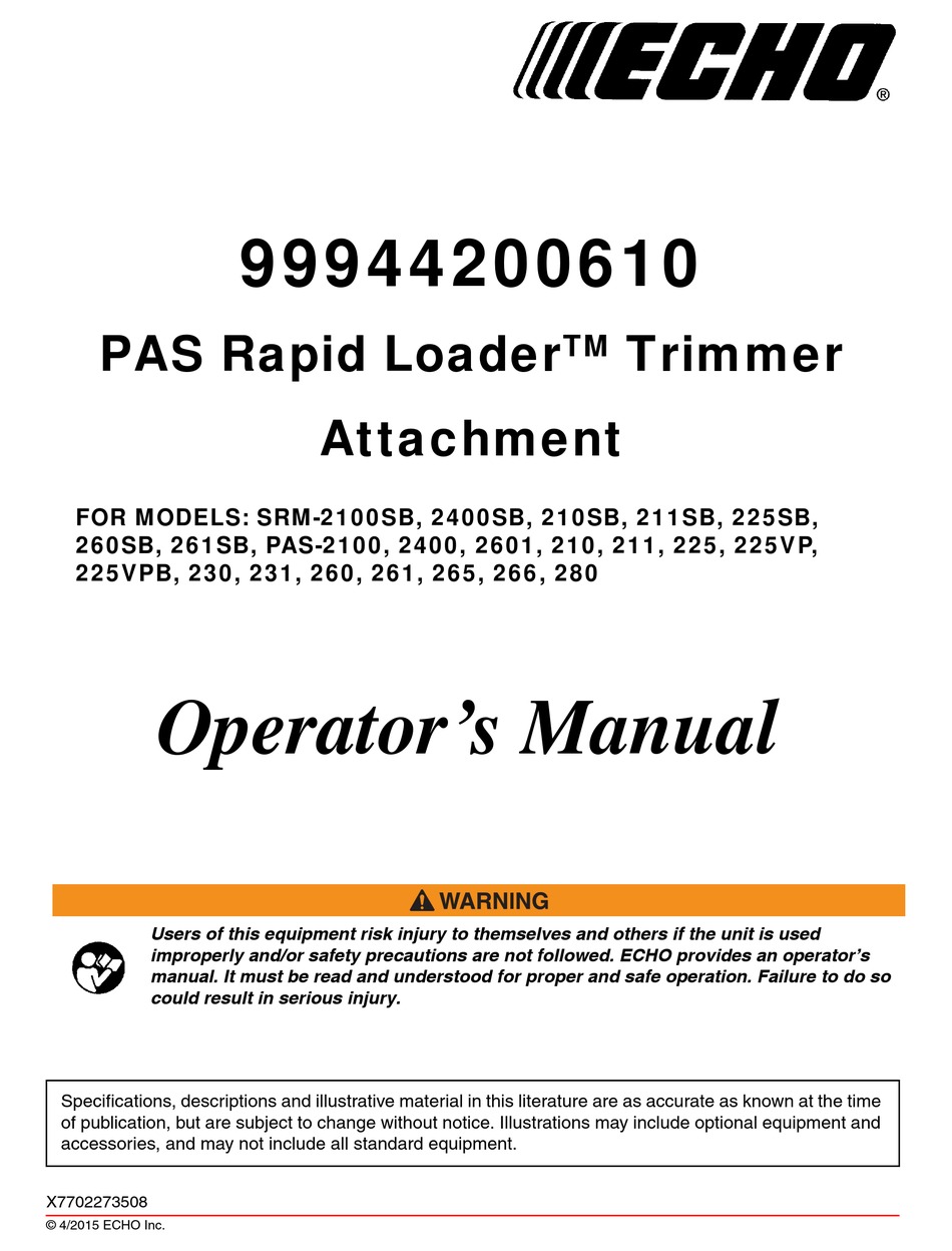 ECHO PAS RAPID LOADER 99944200610 OPERATOR'S MANUAL Pdf Download