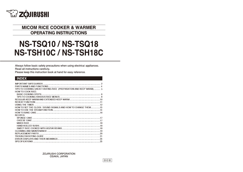 ZOJIRUSHI NSTSQ10 OPERATING INSTRUCTIONS MANUAL Pdf Download ManualsLib