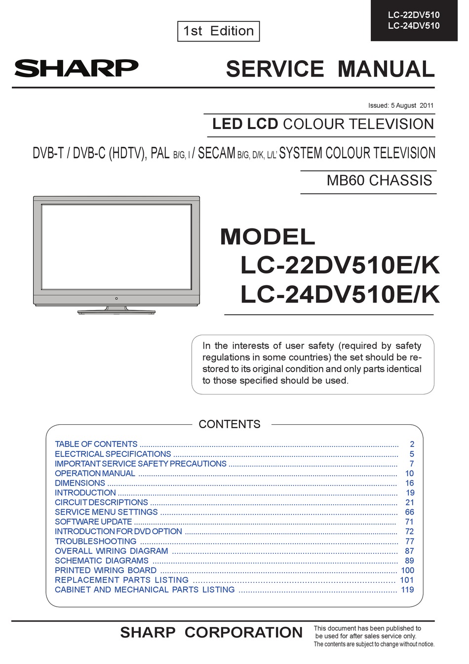 SHARP LC-22DV510E SERVICE MANUAL Pdf Download | ManualsLib