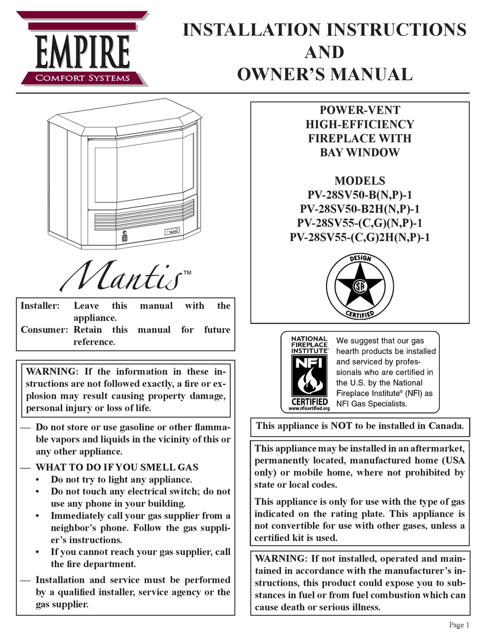 Empire Mantis Pv 28sv50 B N P 1 Installation Instructions And Owner S Manual Pdf Download Manualslib