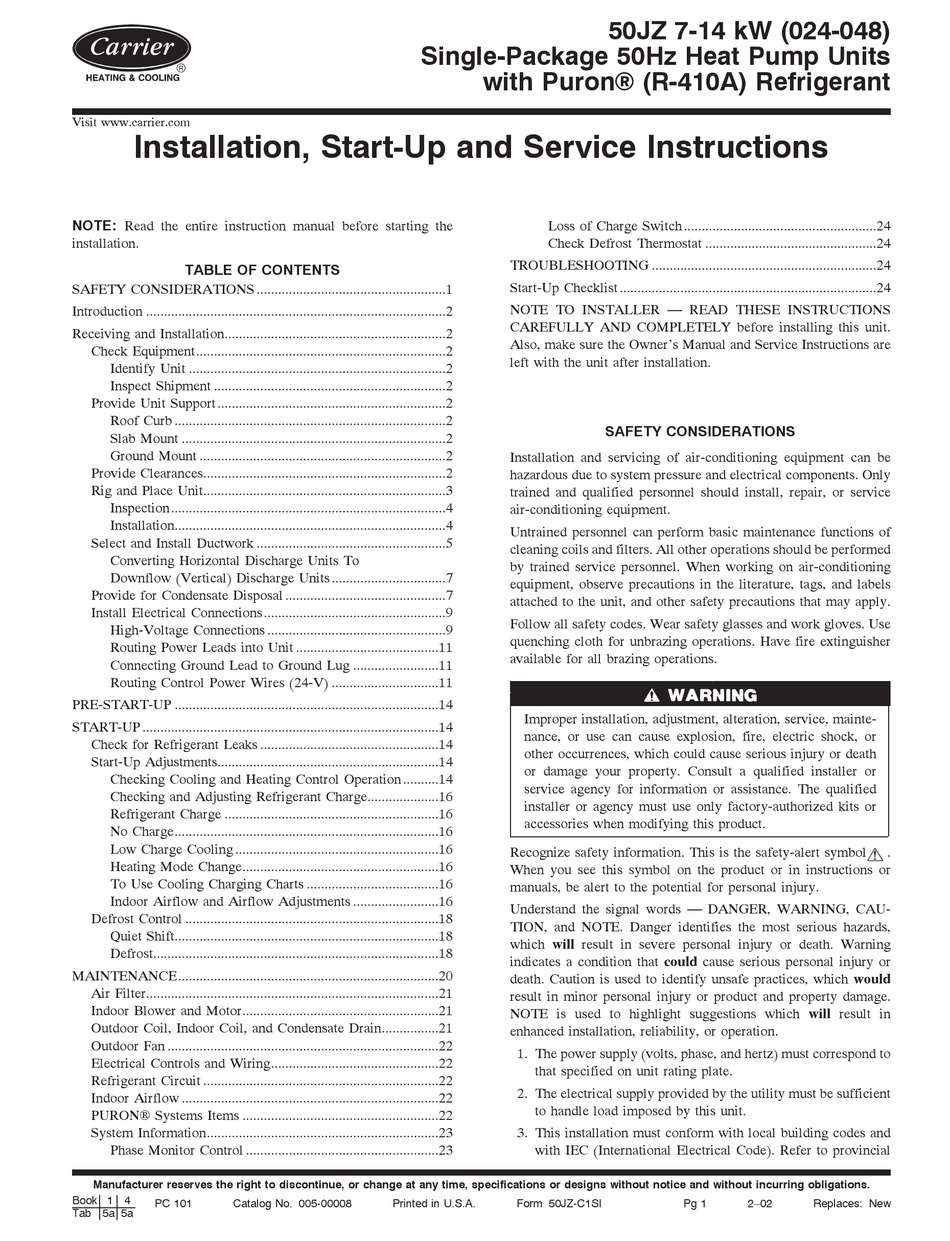 CARRIER 50JZ INSTALLATION, STARTUP AND SERVICE INSTRUCTIONS MANUAL Pdf