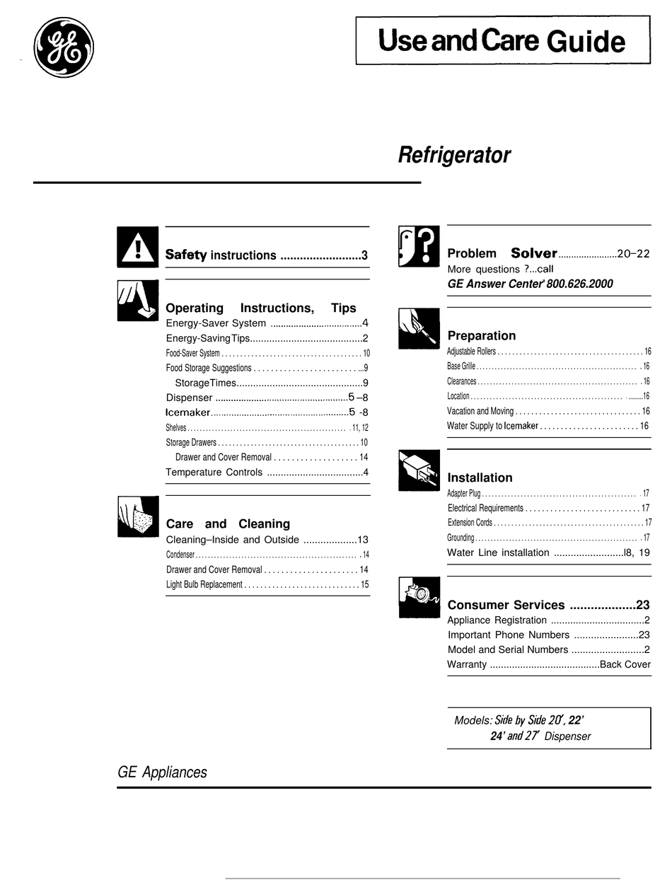 GE SIDE BY SIDE 22 DISPENSER USE AND CARE MANUAL Pdf Download ManualsLib