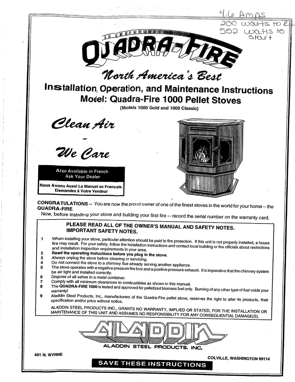 QUADRAFIRE 1000 GOLD INSTALLATION OPERATION & MAINTENANCE Pdf Download