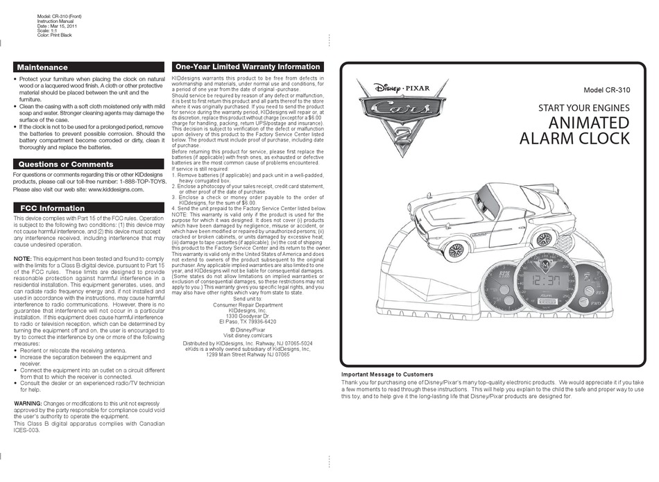 DISNEY CARS 2 CR-310 USER MANUAL Pdf Download | ManualsLib