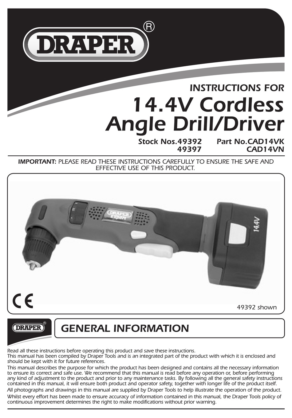 DRAPER CAD14VK INSTRUCTIONS MANUAL Pdf Download ManualsLib