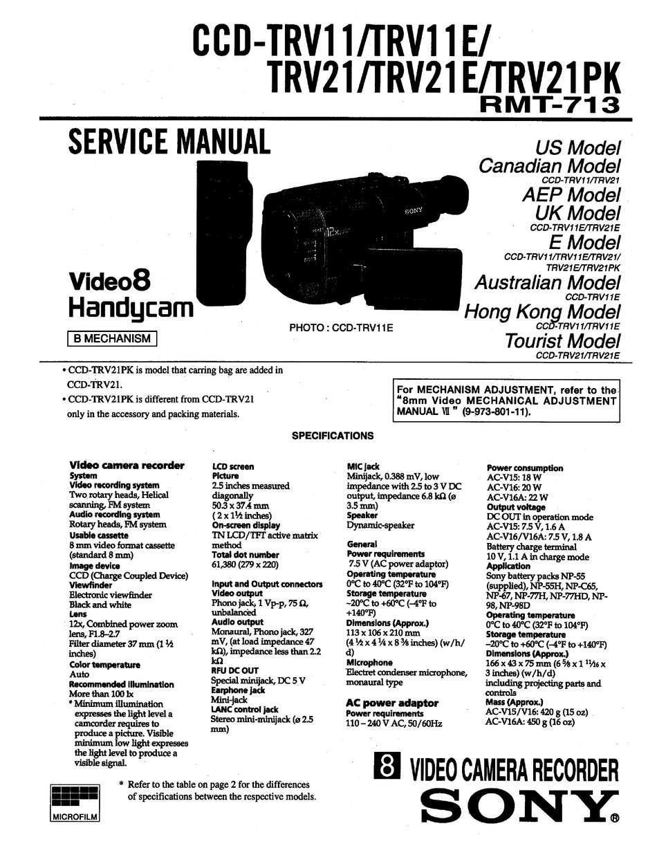 SONY CCD-TRV11 SERVICE MANUAL Pdf Download | ManualsLib