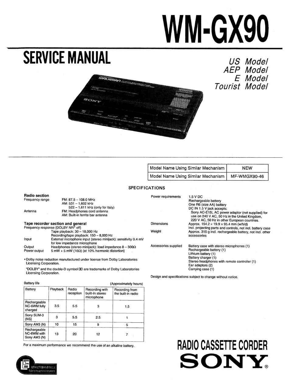 SONY WM-GX90 SERVICE MANUAL Pdf Download | ManualsLib