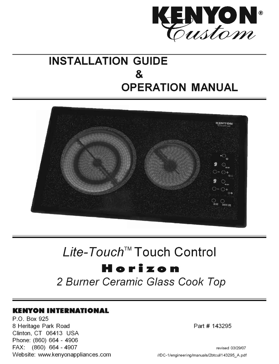KENYON LITE TOUCH HORIZON B42501 INSTALLATION MANUAL & OPERATION MANUAL