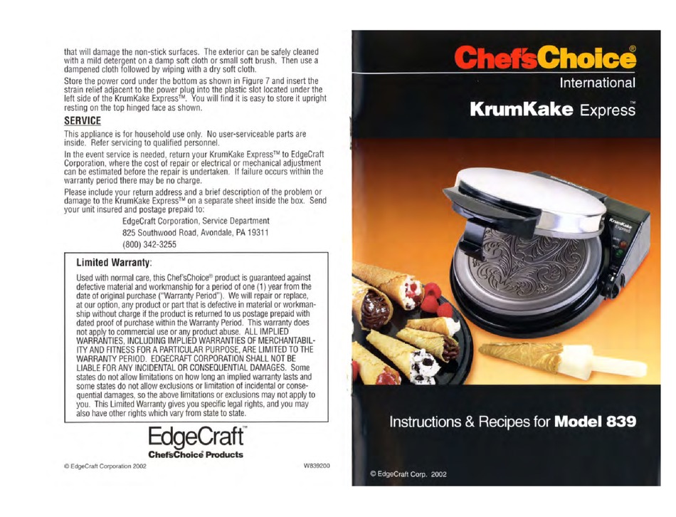 CHEF'S CHOICE KRUMKAKE EXPRESS 839 INSTRUCTIONS & RECIPES Pdf Download