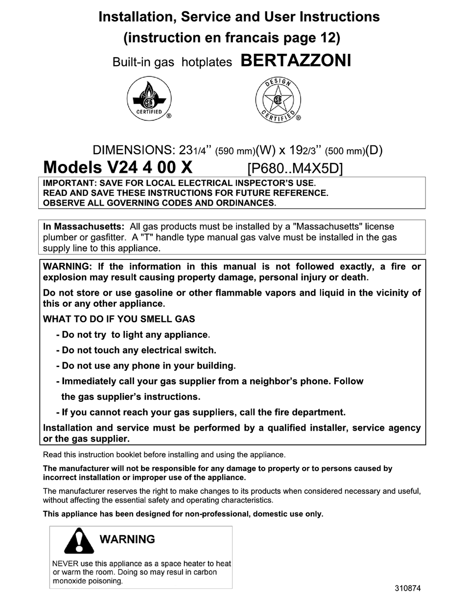BERTAZZONI V24 4 00 X INSTALLATION, SERVICE AND USER INSTRUCTIONS