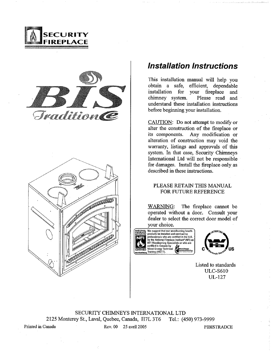 SECURITY CHIMNEYS INTERNATIONAL BIS TRADITION CE INSTALLATION