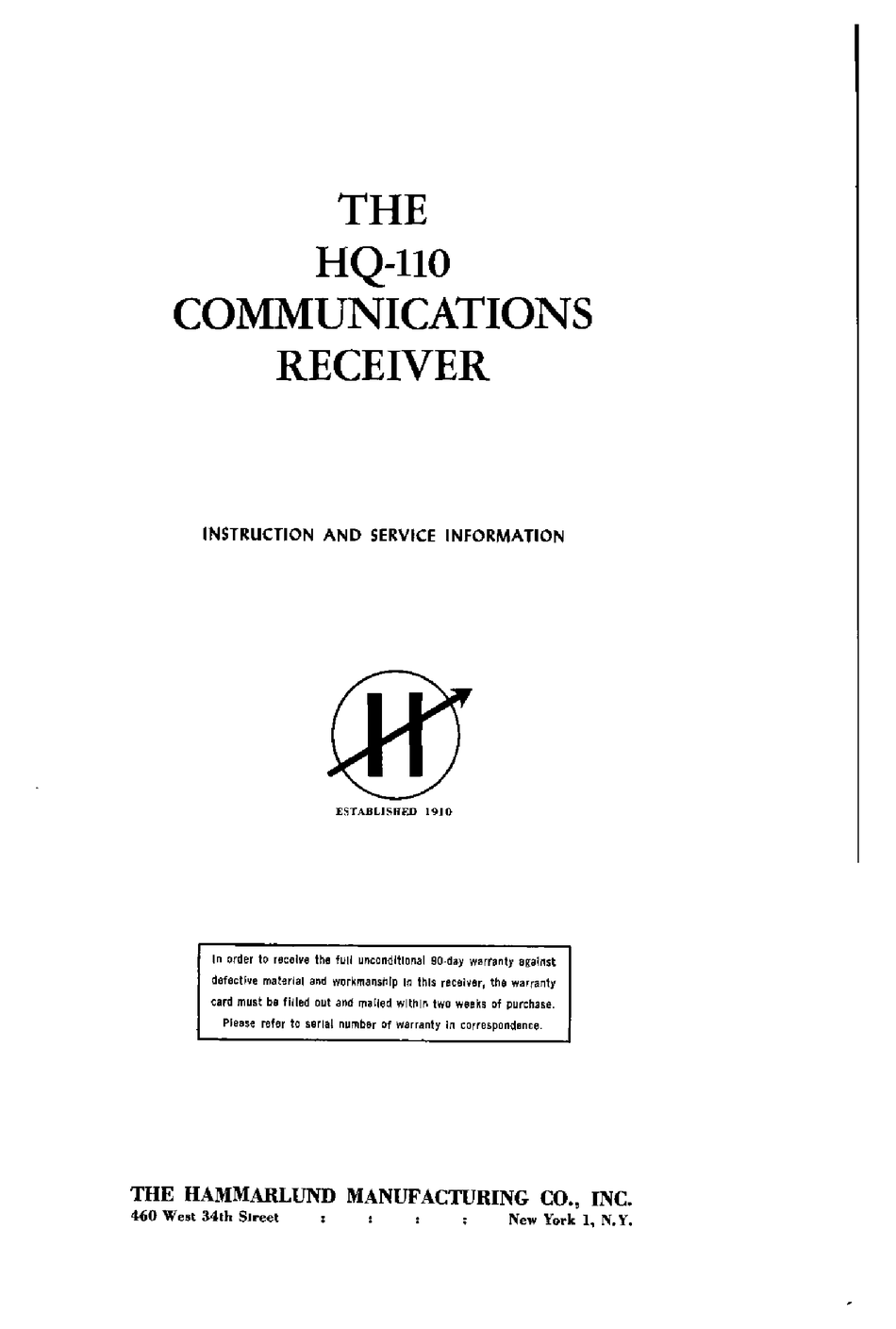 Hammarlund HQ-110 Operator & Service Manual 