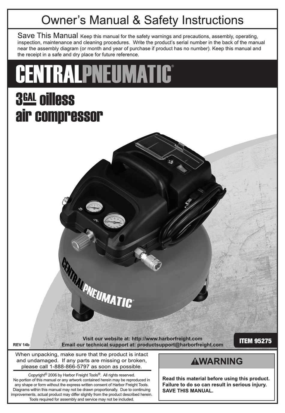 CENTRAL PNEUMATIC 95275 OWNER'S MANUAL & SAFETY INSTRUCTIONS Pdf