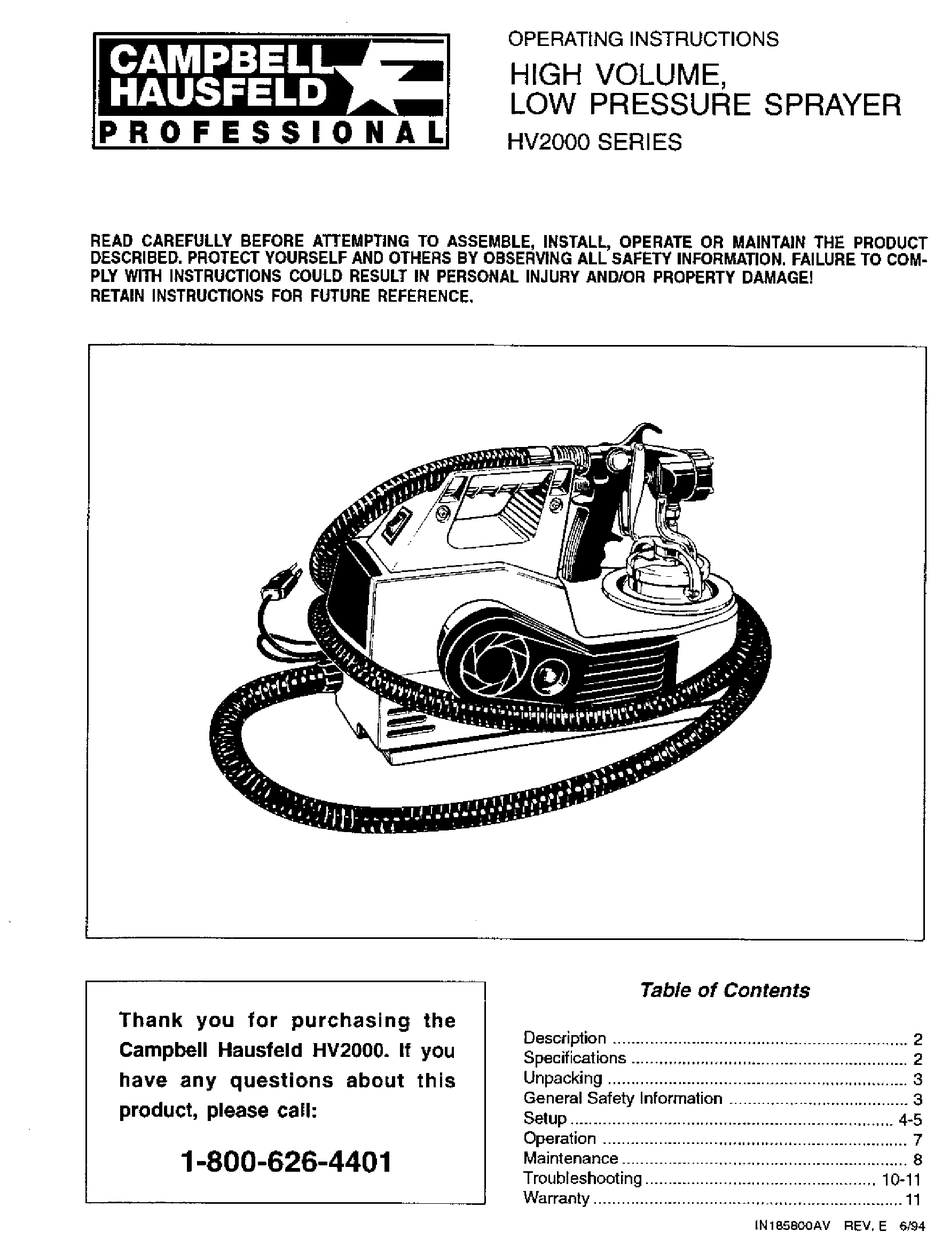 CAMPBELL HAUSFELD HV2000 SERIES OPERATING INSTRUCTIONS MANUAL Pdf