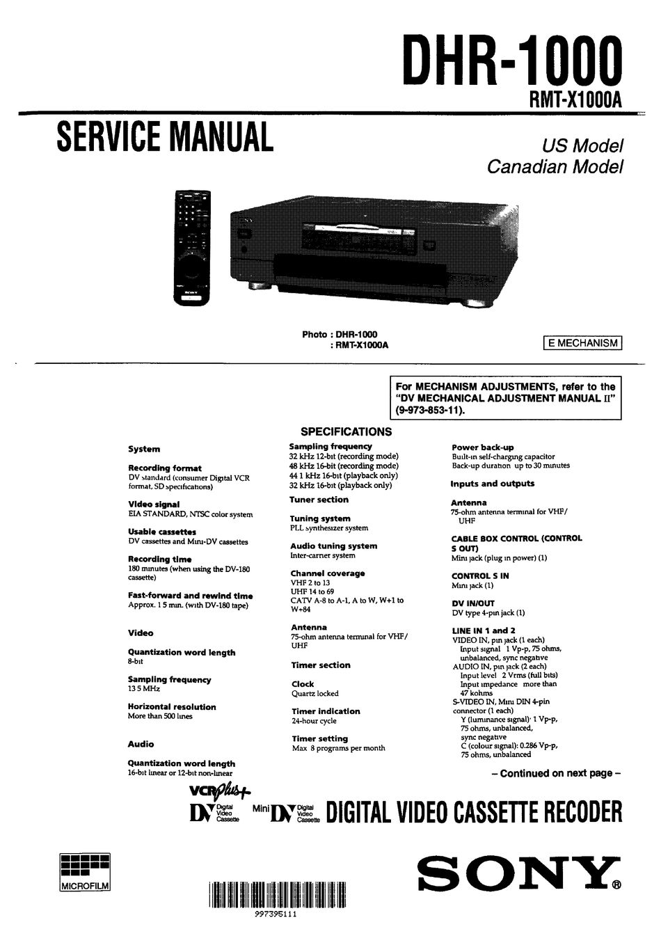 SONY DHR 1000 SERVICE MANUAL Pdf Download ManualsLib