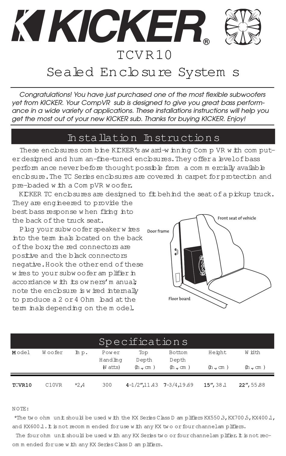 KICKER TCVR10 INSTALLATION INSTRUCTIONS Pdf Download ManualsLib
