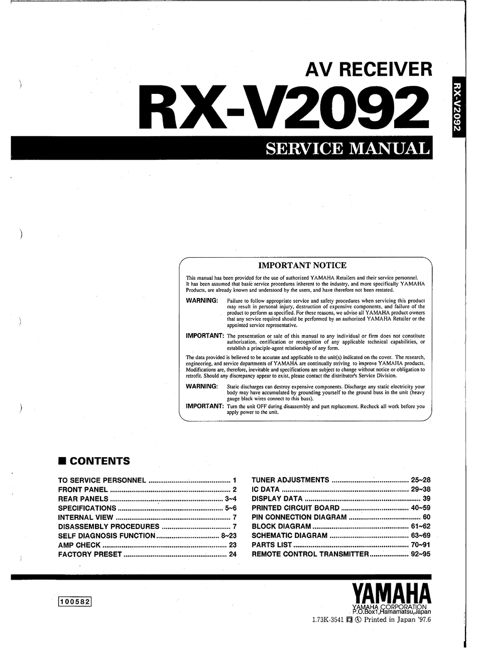 YAMAHA RXV2092 SERVICE MANUAL Pdf Download ManualsLib