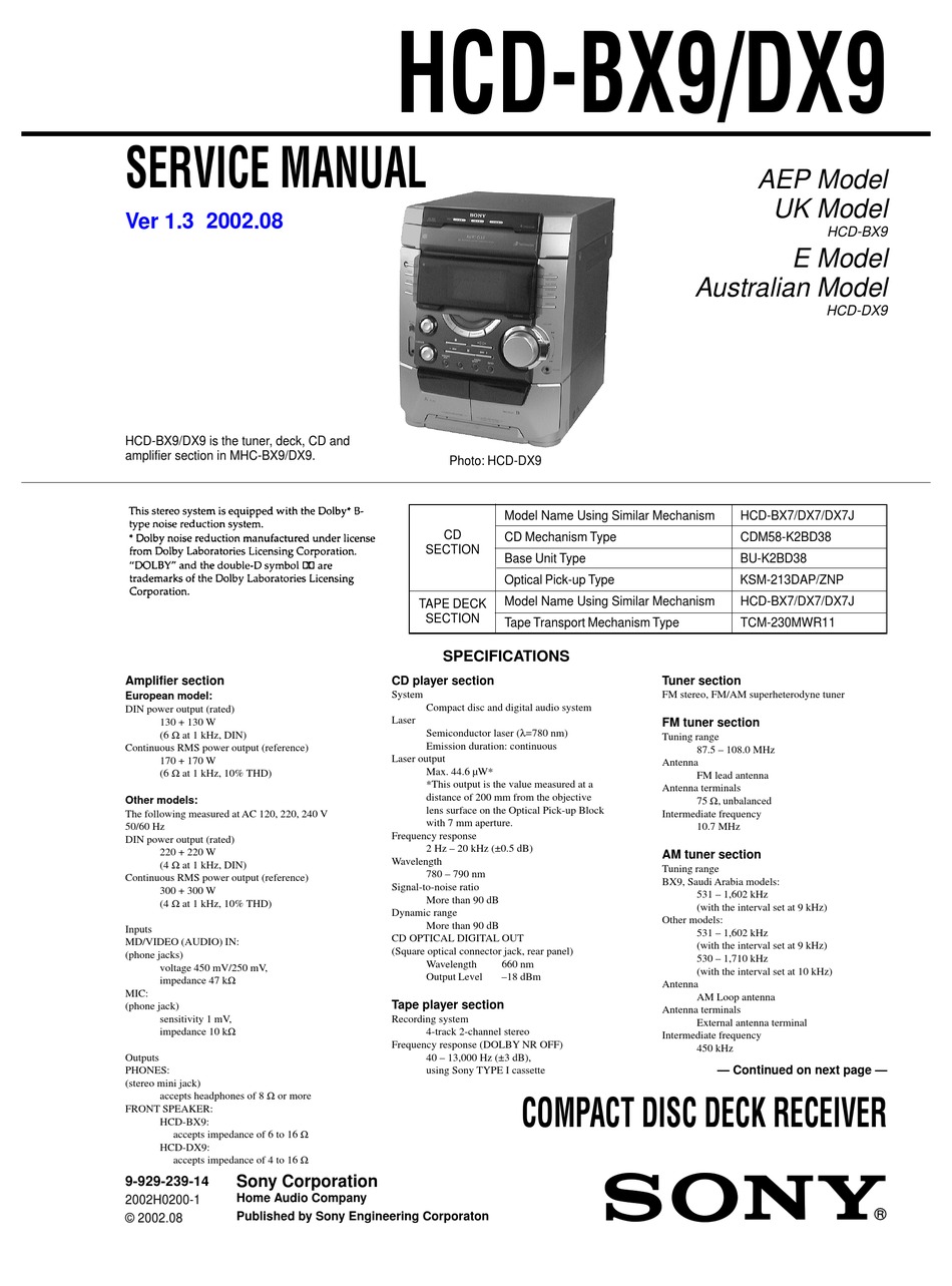 SONY HCD-BX9 SERVICE MANUAL Pdf Download | ManualsLib