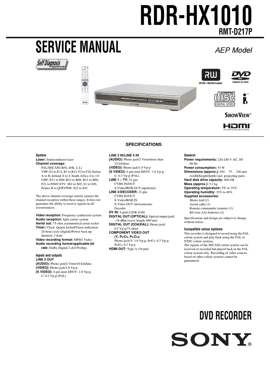 SONY RDR-HX1010 SERVICE MANUAL Pdf Download | ManualsLib