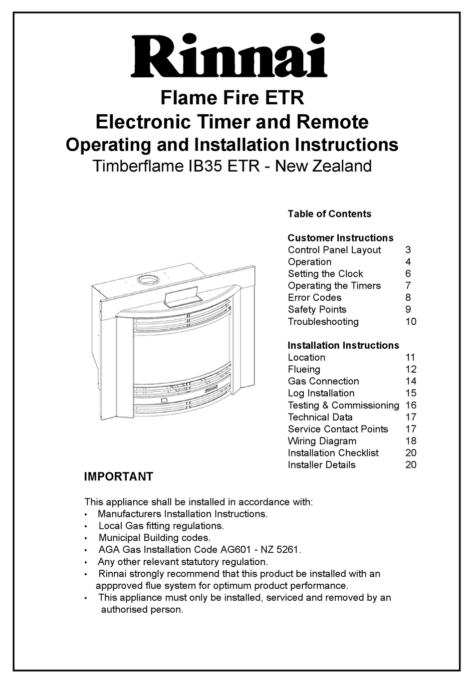 RINNAI TIMBERFLAME IB35 ETR OPERATING AND INSTALLATION INSTRUCTIONS Pdf