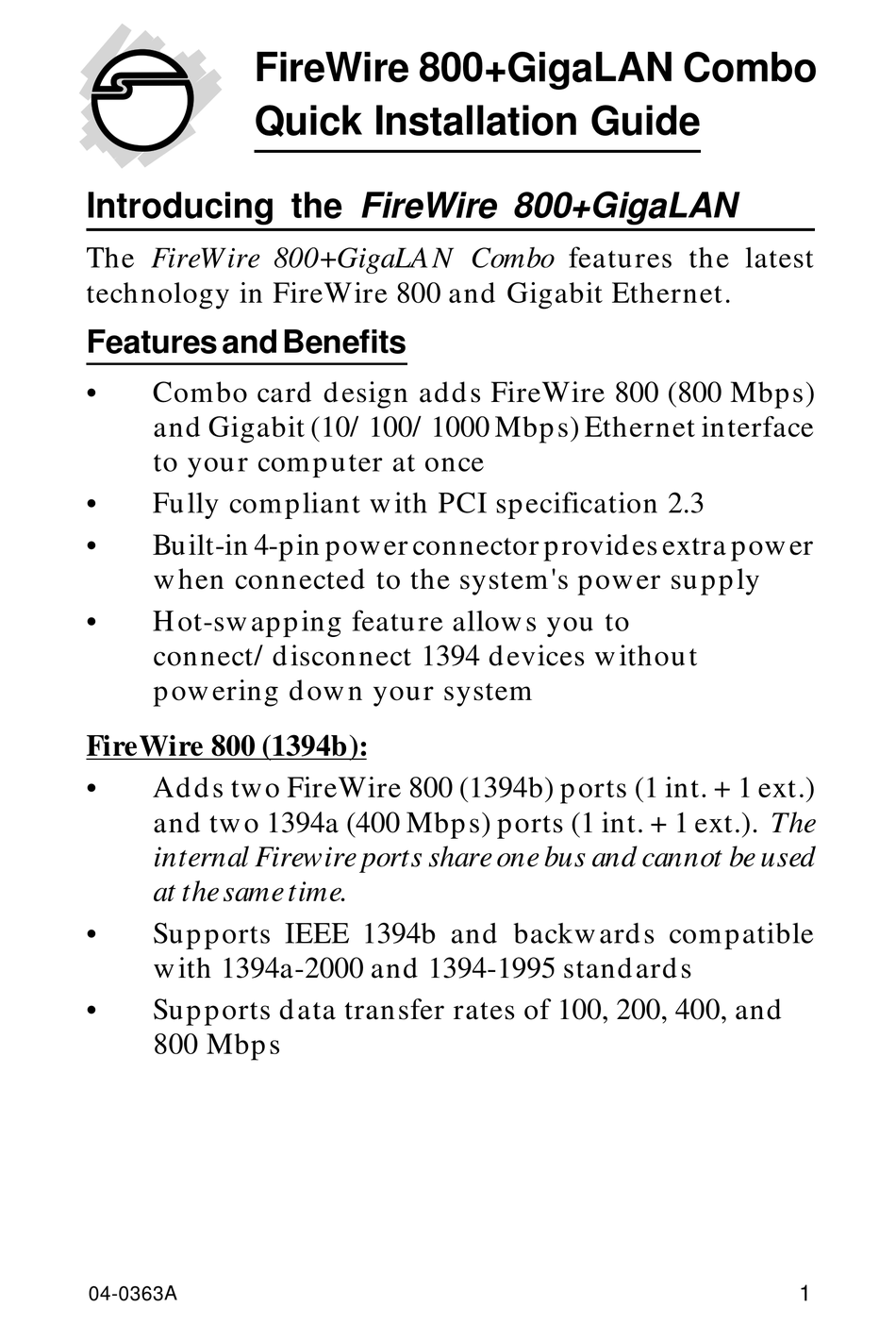SIIG FIREWIRE 800+GIGALAN COMBO QUICK INSTALLATION MANUAL Pdf Download