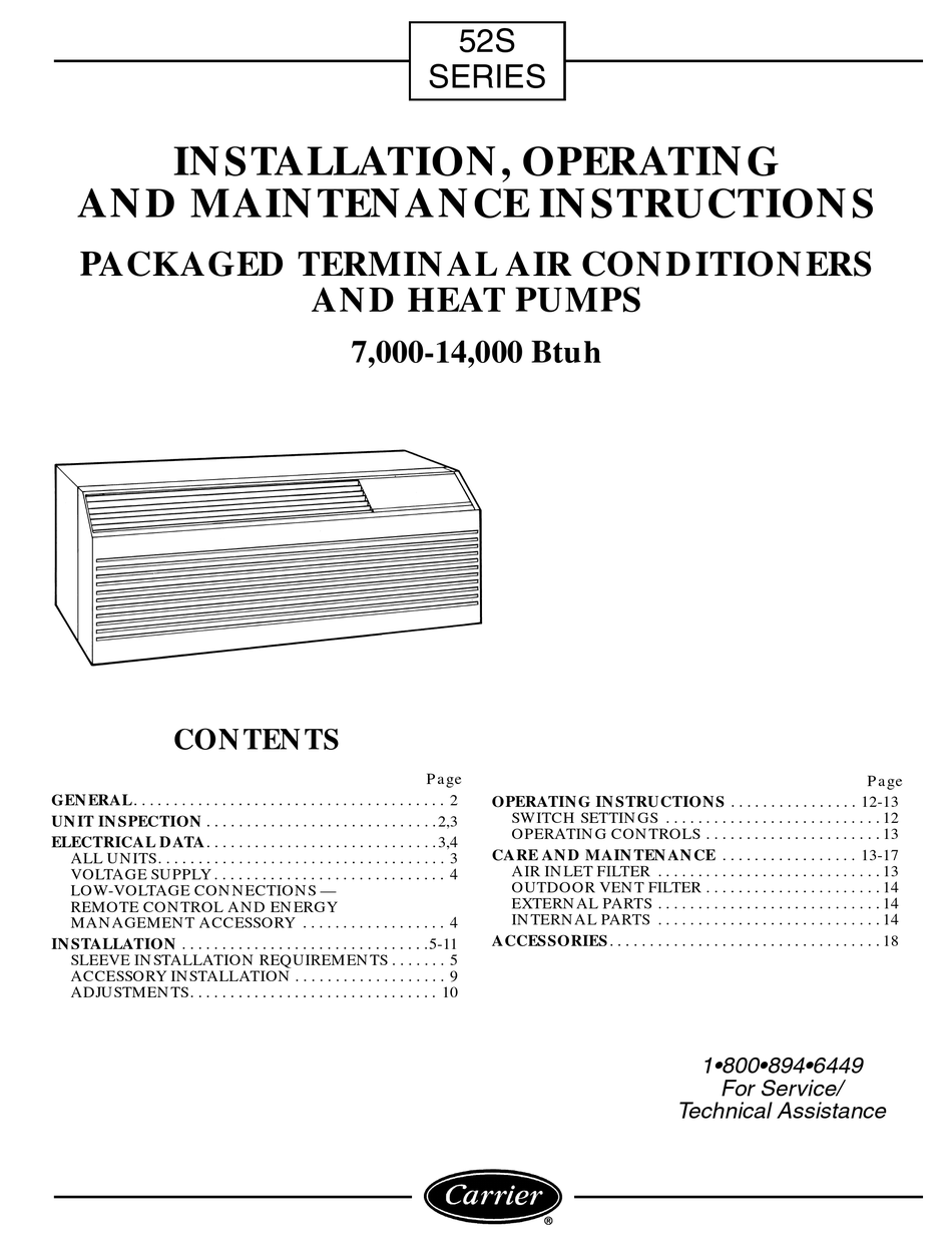 CARRIER 52SE INSTALLATION, OPERATING AND MAINTENANCE INSTRUCTIONS Pdf