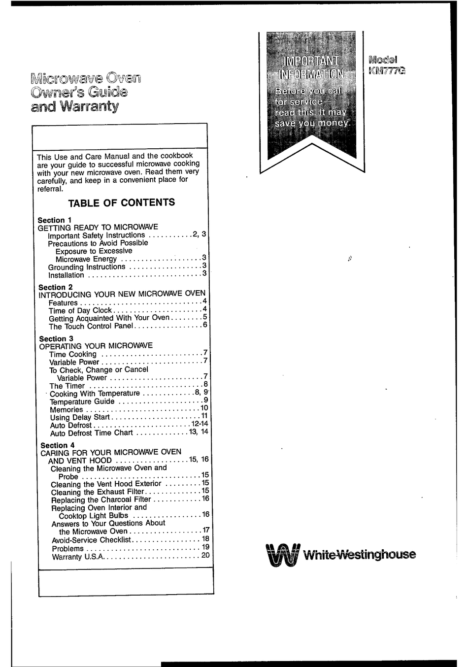 WHITEWESTINGHOUSE KM77G OWNER'S MANUAL Pdf Download ManualsLib