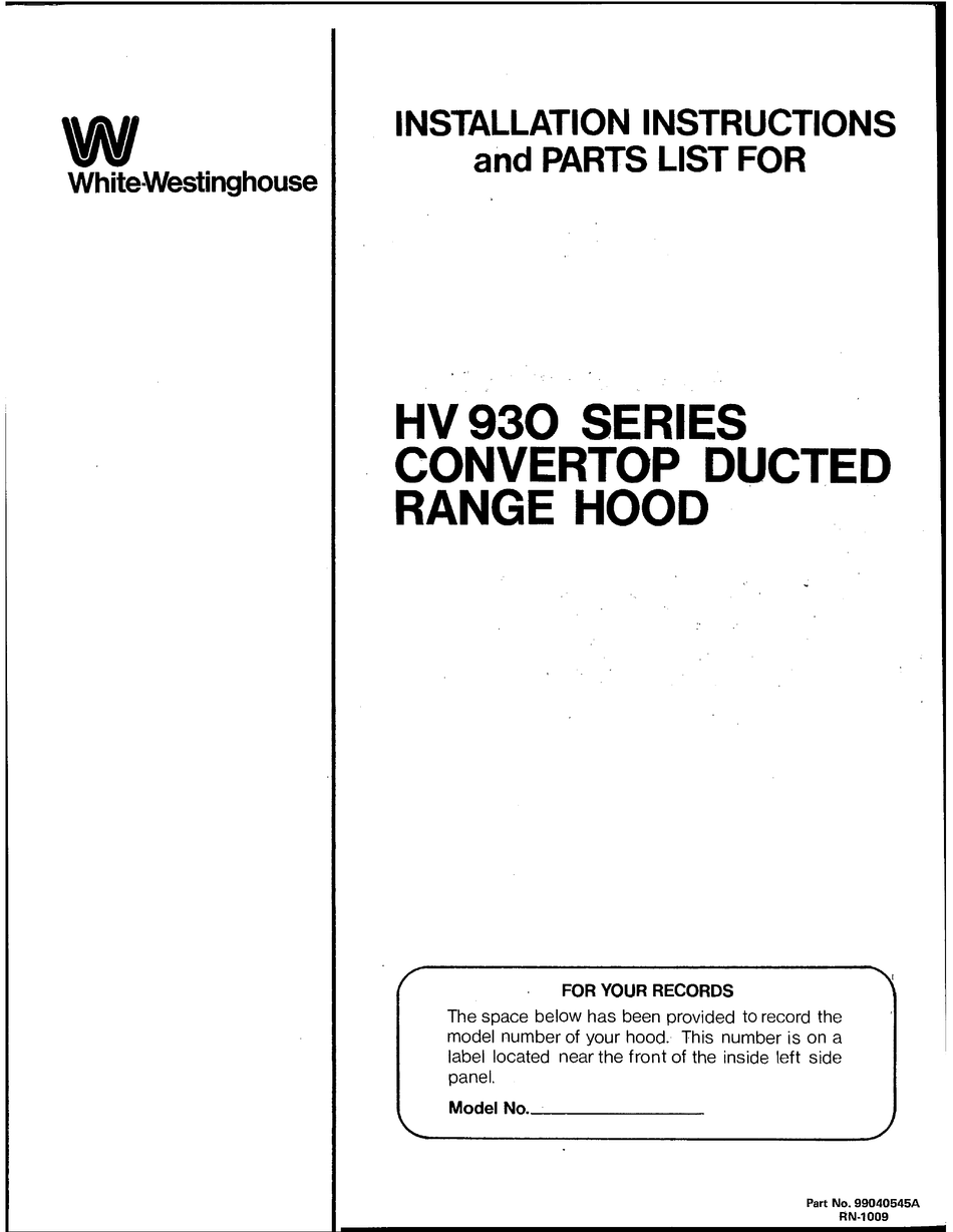 WHITEWESTINGHOUSE HV 930 SERIES INSTALLATION INSTRUCTIONS MANUAL Pdf Download ManualsLib