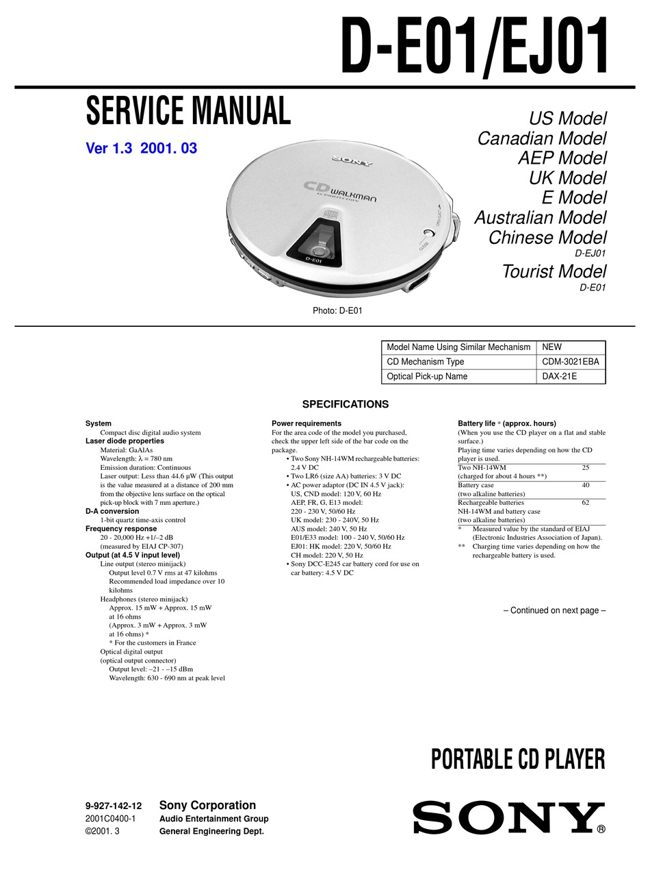 SONY D-E01 SERVICE MANUAL Pdf Download | ManualsLib