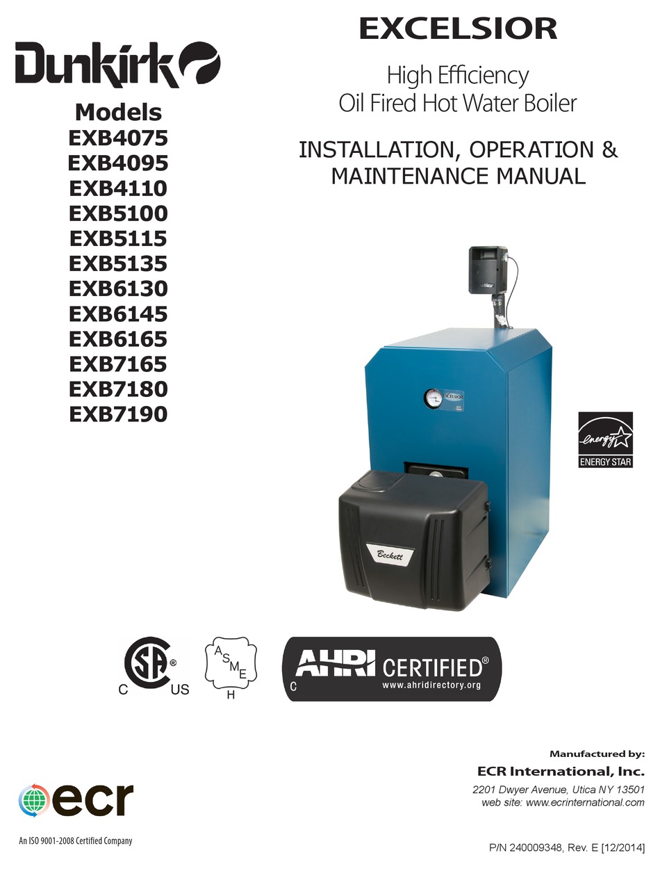 DUNKIRK EXCELSIOR EXB4075 INSTALLATION, OPERATION & MAINTENANCE MANUAL