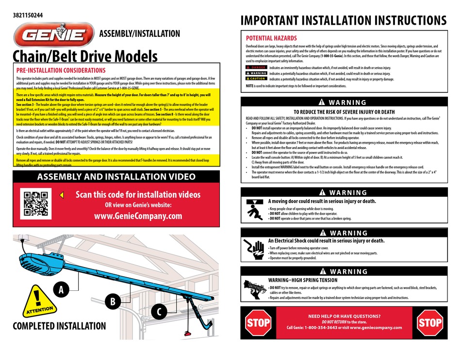 GENIE CHAIN/BELT DRIVE MODELS INSTALLATION MANUAL Pdf Download ManualsLib