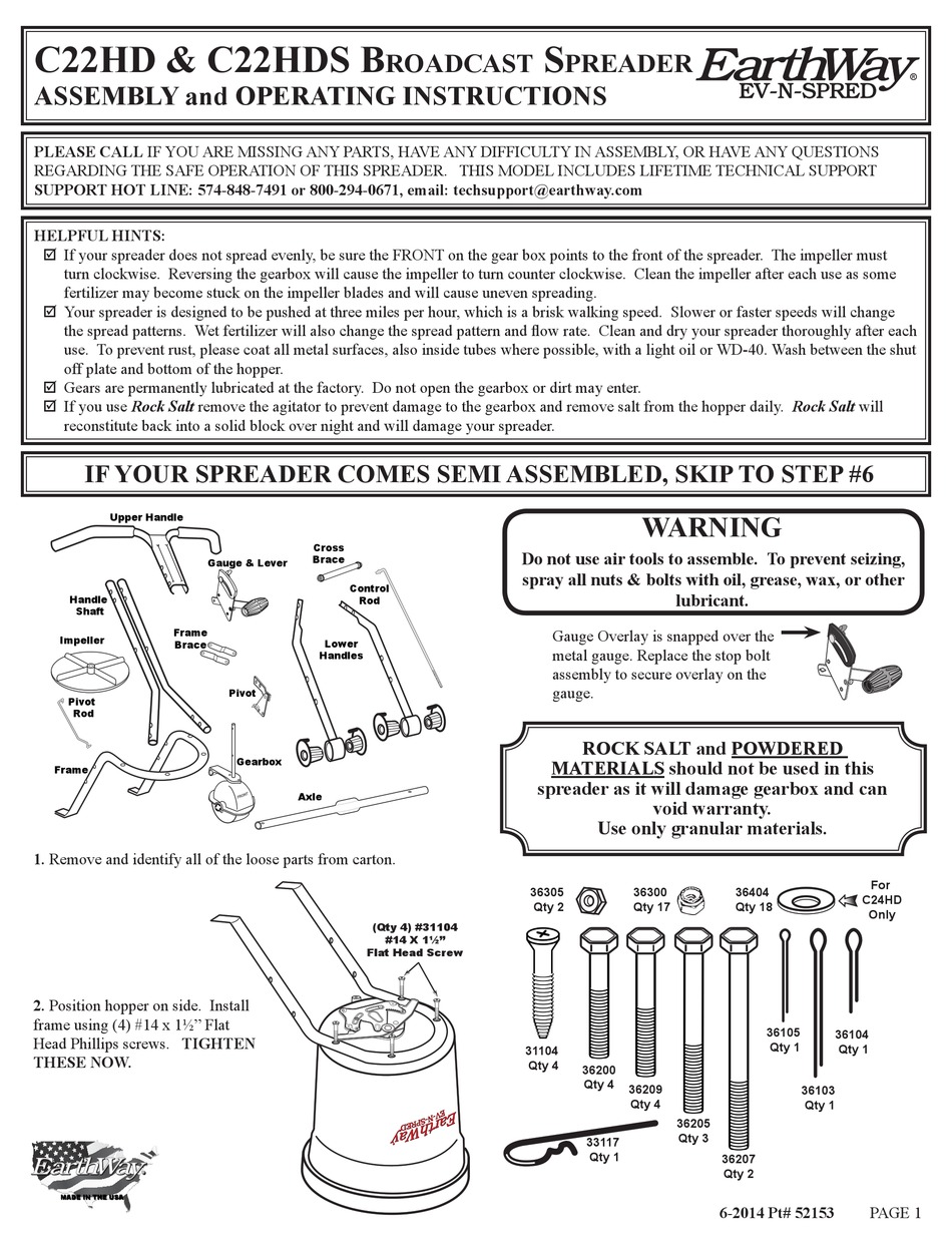 Earthway Ev N Spred C22hd Assembly And Operating Instructions Manual Pdf Download Manualslib