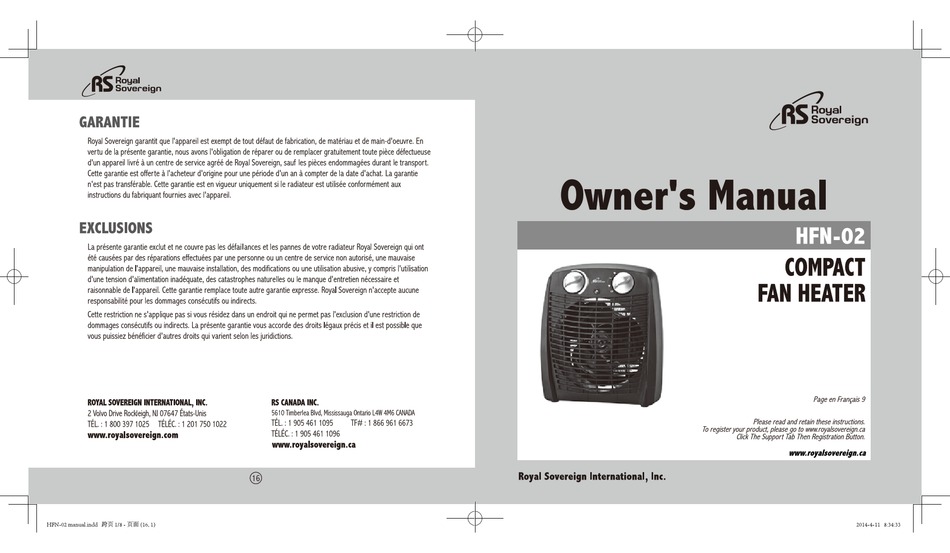 ROYAL SOVEREIGN HFN-02 OWNER'S MANUAL Pdf Download | ManualsLib