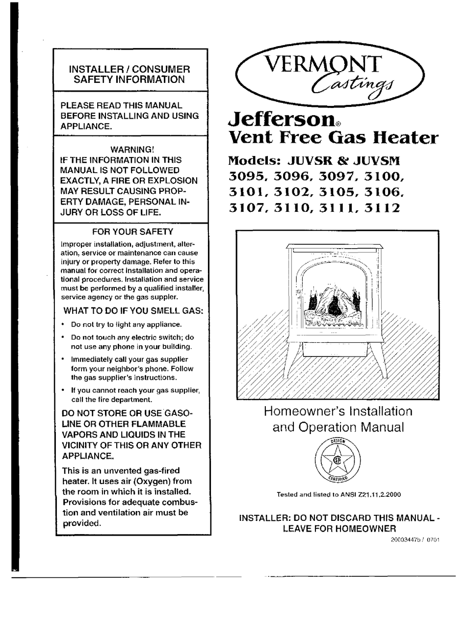 VERMONT CASTINGS JEFFERSON JUVSR3095 INSTALLATION MANUAL Pdf Download