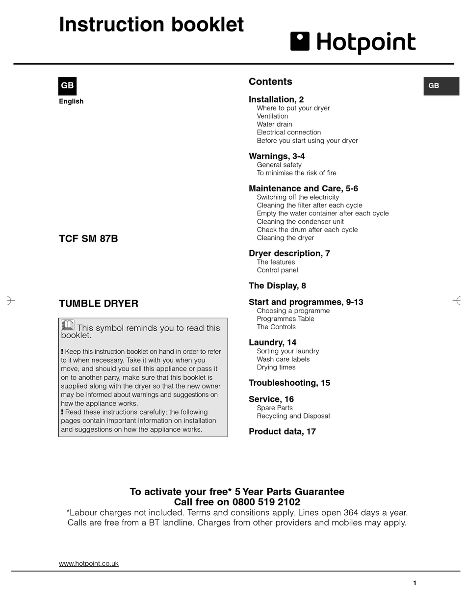 HOTPOINT TCF SM 87B INSTRUCTION BOOKLET Pdf Download | ManualsLib