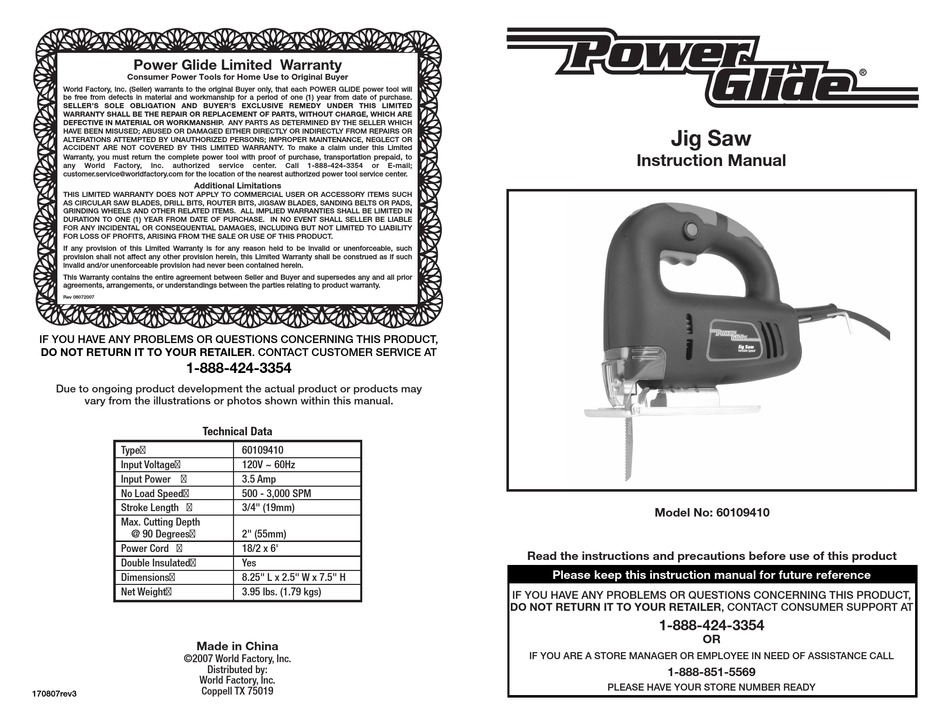 POWER GLIDE 60109410 INSTRUCTION MANUAL 