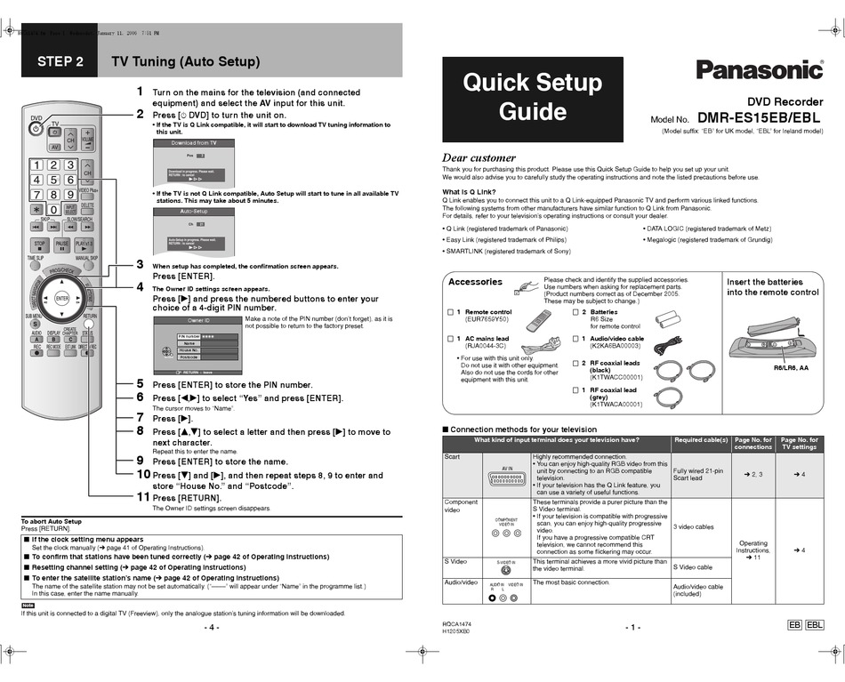 PANASONIC DMR-ES15EB QUICK SETUP MANUAL Pdf Download | ManualsLib