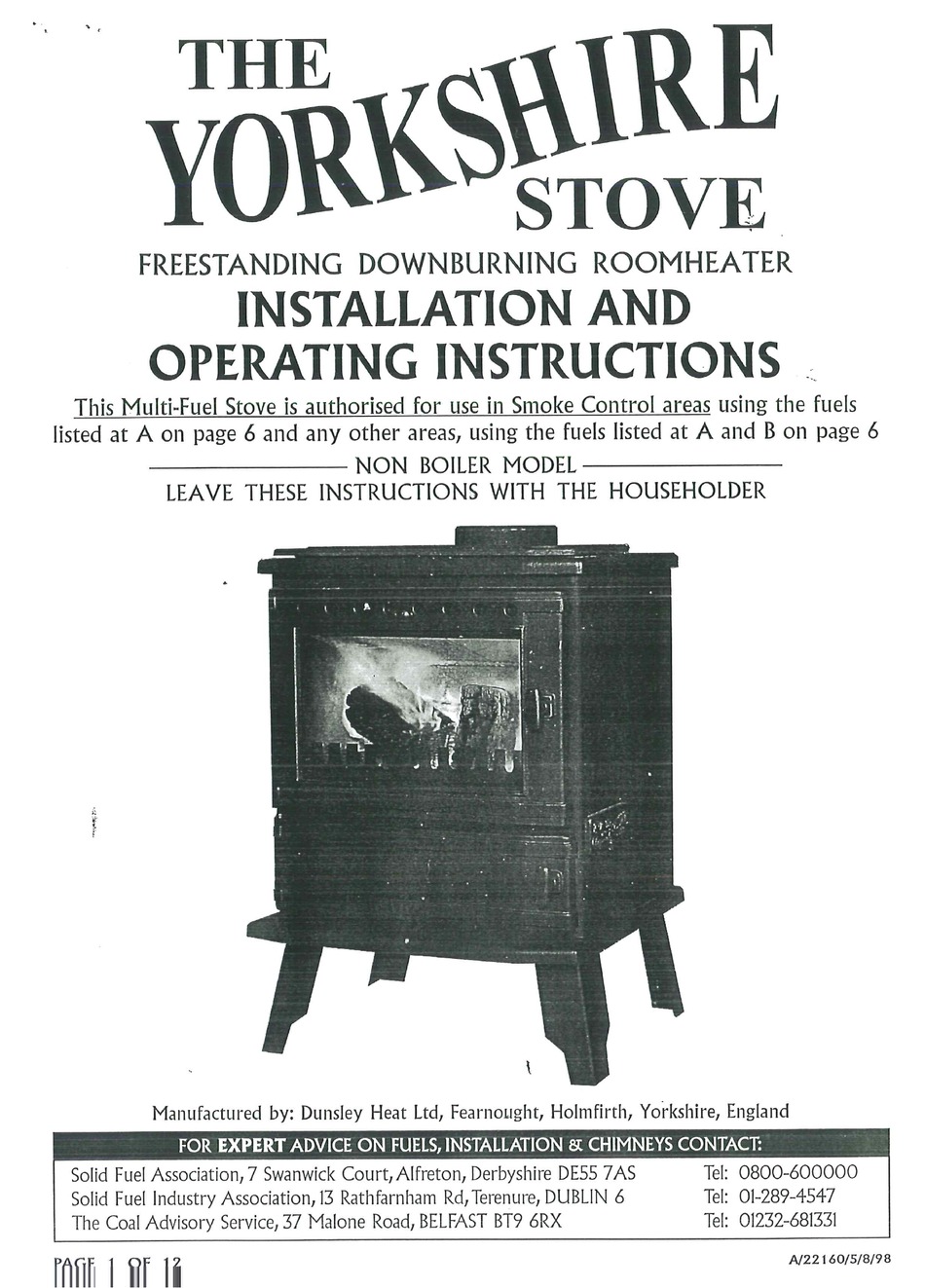 DUNSLEY HEAT THE YORKSHIRE STOVE INSTALLATION AND OPERATING